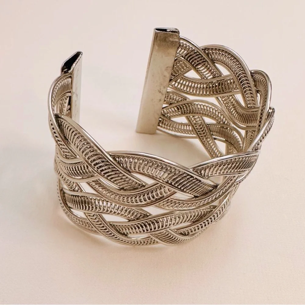 Vintage Silver‎ Tone Braided Statement Cuff Bracelet
